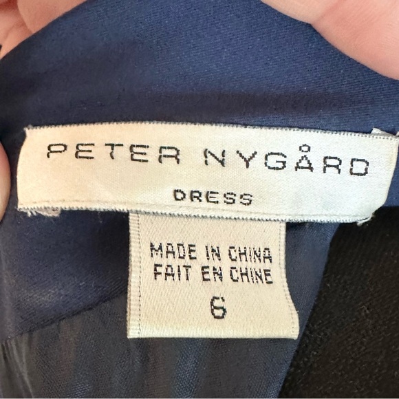 Peter Nygard Navy Blue Wrap Style Short Sleeve Dress with Scrolling Appliqué - Picture 9 of 10